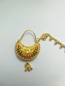 Gold Plated Nose Ring Indian Nath Pierced Jewelry Bridal Hoop With Chain Wedding - Picture 1 of 7
