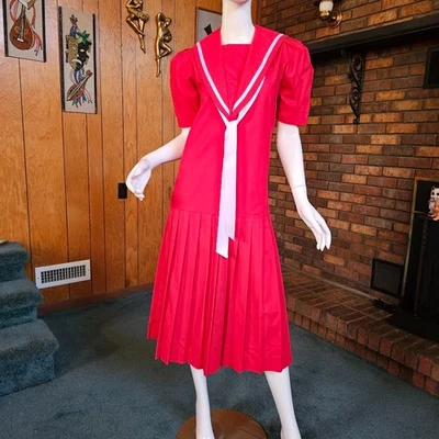 Vtg 80s Laura Ashley British Preppy Nautical Sailor Collar Modest Day Dress S/M - Image 1 of 4