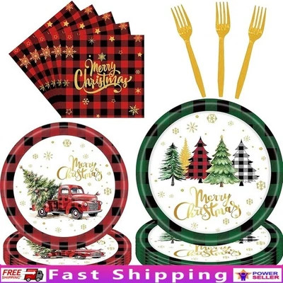 圣诞餐具套装 96 件套一次性盘子叉餐巾水牛格子 — 第 1/4 张图片