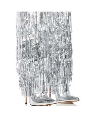 Botas hasta la rodilla AZALEA WANG metálicas plateadas con flecos de lentejuelas Foto 1 de 4