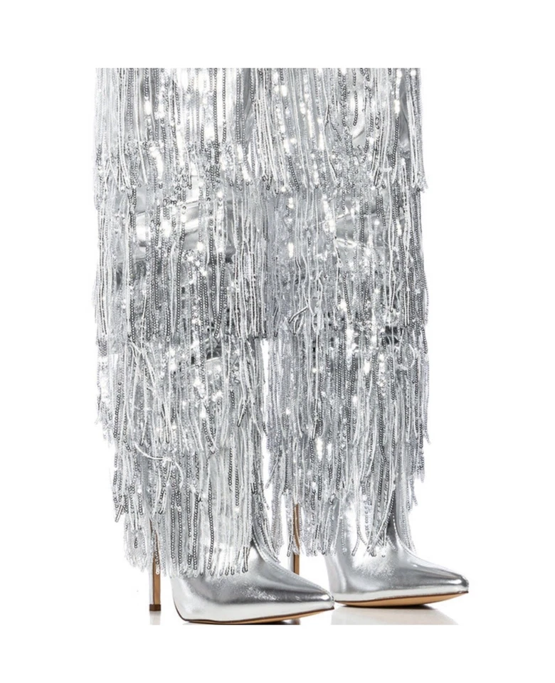Botas hasta la rodilla AZALEA WANG metálicas plateadas con flecos de lentejuelas Foto 1 de 4