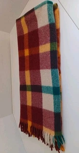 Vintage Heavy Wool Plaid Stadium Blanket Fringe 48 X 54 Burgundy Teal Gold - EUC - Picture 1 of 4
