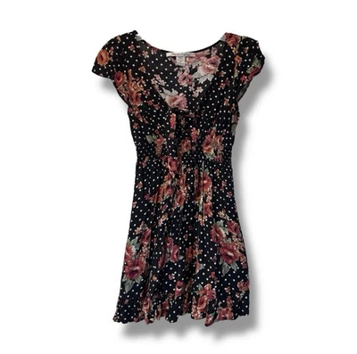 Vtg Y2k Babydoll Mini Dress Womens M Black Rose Dot Whimsigoth Goth Ruffle - Image 1 of 4