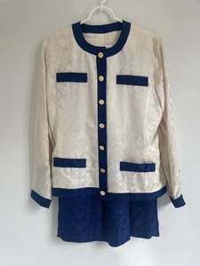 Set completo gonna Adrianna Papell vintage vecchi soldi avorio blu seta taglia 8 splendido - Foto 1 di 11