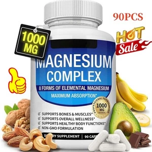 Magnesium Complex 1000mg, 8 Elemental Magnesium, Gluten Free- Non-GMO 90 Pcs - Bild 1 von 9