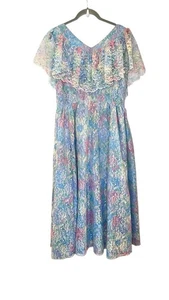 Vintage 70s 80s Floral Lace Pastel Ruffle Tea Cottagecore Garden Midi Dress L - Picture 1 of 5