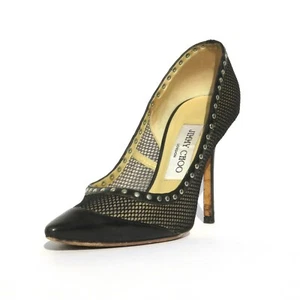 JIMMY CHOO Black Fishnet Mesh Silver Studded Leather Trim Pointed Toe Pumps 36 - Picture 1 of 12
