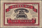 Ancienne étiquette de boîte d'allumettes Indonésie, téléphone Tjap Telepon, neuf dans son emballage Java Est Match Factory