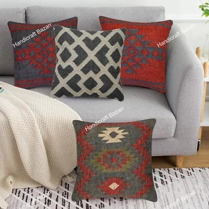 Lot of 4 Pcs Jute Kilim Rugs Cushion Cover Kilim Cover Bohemian Home Decor - Picture 1 of 7