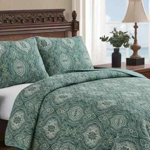 Tommy Bahama QUEEN Turtle Cove Medallion 100% Cotton Quilt Set Bedding GREEN - Picture 1 of 8