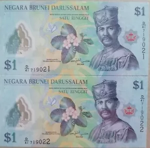 Brunei 2016 2 pcs Running Number 1 Ringgit note D/41 719021 - 719022 - Picture 1 of 2