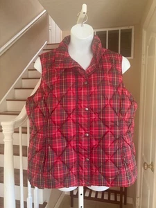 Lands End Red Green Plaid Snap Front Down Puffer Vest Lightweight Warm Size 1X - Picture 1 of 5