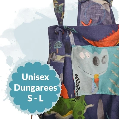 Cute Dragon Fantasy Upcycled Overalls Dungarees - Size Small to Large - Unisex - Image 1 of 4