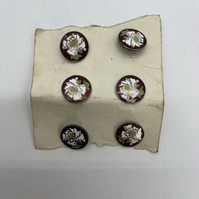 Set of 6 Vintage Cloisonné Buttons White Chrysanthemum On Red Background 5/8” - Image 1 of 4