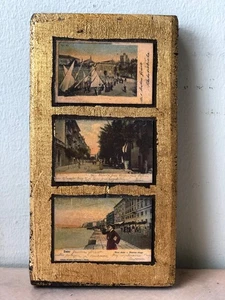 Vintage Hand-Decorated Gilt Wood Plaque w/ VTG Photos/Postcards - Picture 1 of 14