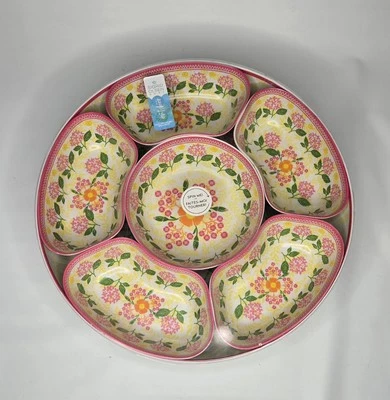 Sigrid Olsen 7 pc Melamine Lazy Susan Pink Floral Serving Tray Spins Outdoor - Image 1 of 4