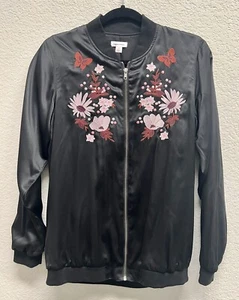 Xhilaration Women Black Satin Bomber Floral Embroidered Zip Up Jacket Sz SMALL - Picture 1 of 7