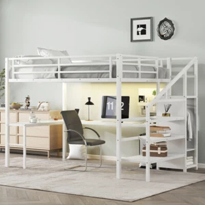 Queen Size Loft Bed with L-shaped Desk USB Metal Loft Bed for Kids Teens Adults - Picture 1 of 21