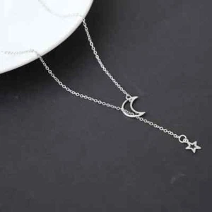Simple Silver Moon & Star Gold Necklace Clavicle Drop Chain Y Necklace,Celestial - Picture 1 of 10