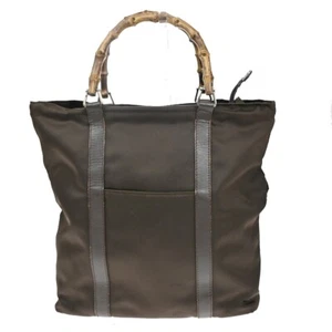 GUCCI Logo Bamboo Tote Hand Bag Nylon Leather Brown Silver Italy 01FB699 - Picture 1 of 17
