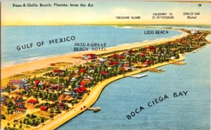 Pass A Grille Beach aerial view Florida linen postcard a62 - Picture 1 of 2