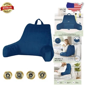 Navy Reading Pillow with Support Arms - Velvet Memory Foam Bed Rest (20x15) - Picture 1 of 8