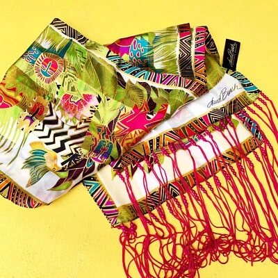 LAUREL BURCH Tropical Selva Gatos Flores Hojas Pájaros Bufanda 100% Seda Cuentas Foto 1 de 4