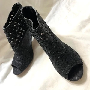 Sparkly black Pierre Dumas ankle boots open toe rhinestone heels zip 8M - Picture 1 of 8