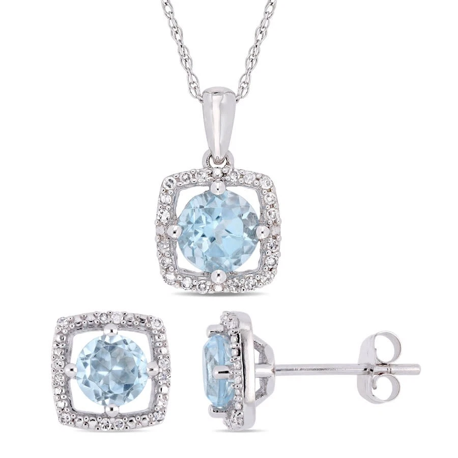 AMOUR 2-piece Set Of 2 CT TGW Sky Blue Topaz and 1/6 CT TW Diamond Square Halo - Image 1 of 4