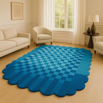 Tapis festonné en damier bleu - tapis géométrique moderne touffeté à la main ... - Photo 1/4