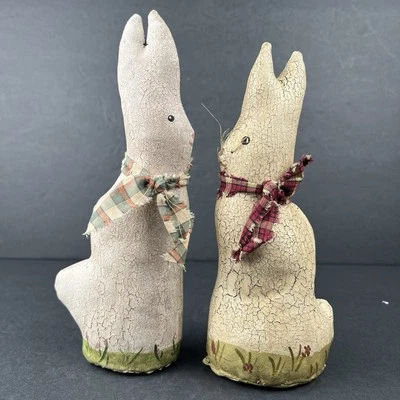Primitive Crackle Canvas Stitched Rabbit Bunny Pair with Bows - Image 1 of 4