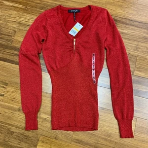 Energie Red Metallic Knit Top Womens Small V-Neck Long Sleeve Pullover Sweater - Picture 1 of 9