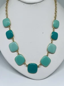 Sea Foam Green & Teal Geometric Necklace Pretty Yellow Gold Tone Chain 16” Chic  - Picture 1 of 9