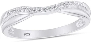 Natural Diamond Accents Double Row Contour Band 14K White Gold Plated Silver - Picture 1 of 14