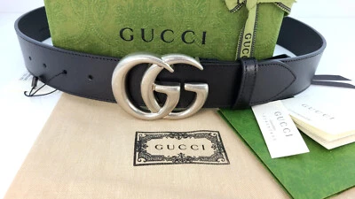 Auténtico Cinturón Gucci Enclavamiento Plateado Hebilla G Negro Cuero Artesanal Talla 85 - Imagen 1 de 4