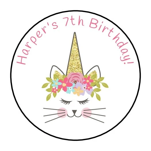 PARTYMOMMY 30 Caticorn Birthday Party Stickers Labels Favors Tags cat unicorn shower round