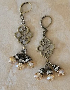 CELTIC KNOT Champagne Crystal Bronze Earrings Chandelier Lever Back Earwires - Picture 1 of 8