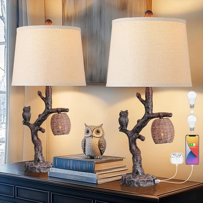 27" Rustic Farmhouse Table Lamps Set of 2, 3-Way Lighting Modes Bedside Table La - Image 1 of 4