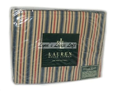 RALPH LAUREN Chadwick Stripe TWIN FLAT SHEET NEW RARE Red Blue Stripe - Image 1 of 3