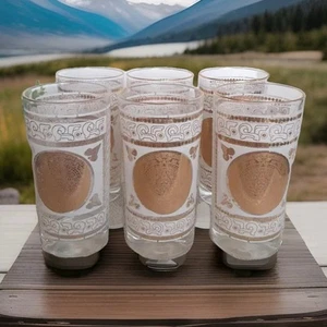 Juego de 6 vasos de agua formales de colección MCM Hazel Atlas oro azteca artículos de bar Highball - Imagen 1 de 3