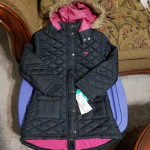 ROXY Girls Quilted Fleece Lined Coat Size M Removable Fur Trim Hood NWT $125 - Picture 1 of 7