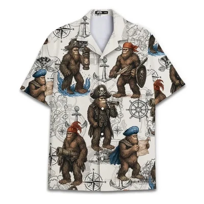Pirate Bigfoot Hawaiian Shirt Funny Sasquatch Nautical Map Compass Summer Top - Image 1 of 4