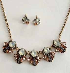 Collar y pendientes llamativos cadena tono cobre pedrería con joyas de vidrio - Imagen 1 de 8