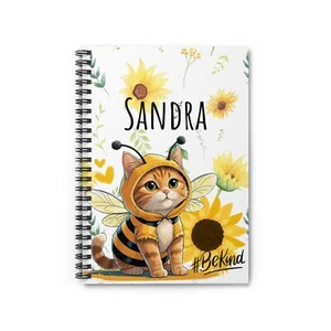 Cute Spiral Notebook - Cat dressed in bumblebee outfit - Sunflowers - Ruled - Picture 1 of 5