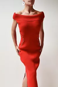 MUGLER Red Ribbed Crepe Knit Off-the-Shoulder Long Midi Dress Sz XL $1200 USD - Picture 1 of 9
