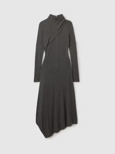 $250 NWT M Reiss Jersey Midi Knit Wrap Neck Dress Asymmetrical Hem Gray - Picture 1 of 3