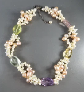 STERLING SILVER Beaded Necklace PEARL AMETHYST TOPAZ CITRINE ETC Cluster Station - Picture 1 of 8