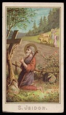 ST ISIDORE THE FARMER, OXES & ANGELS PLOUGHING Old HOLY CARD
