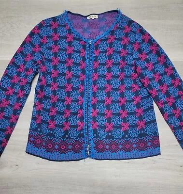 IVKO Cárdigan Suéter XL 46 Azul Rosa Flecos Tejido Boho Artístico Dinero Antiguo Jaquard Foto 1 de 4
