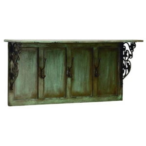 Mensola da parete in ferro battuto legno verde invecchiato ganci appendiabiti casetta look vintage - Foto 1 di 1